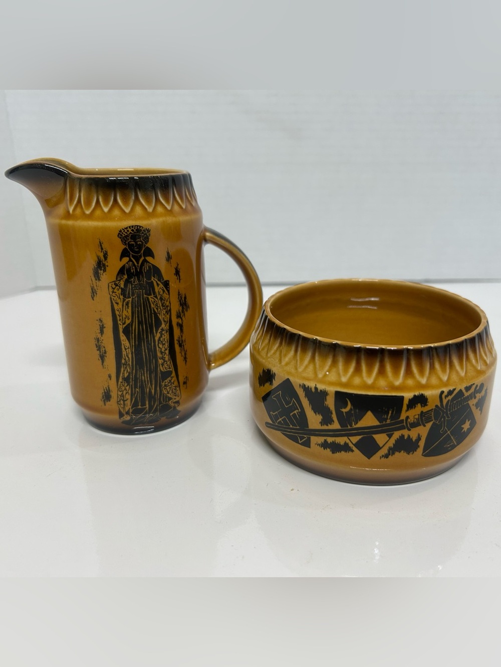 Vintage Crown Devon England Aztec Damsels & Knights Creamer & Sugar Bowl Set